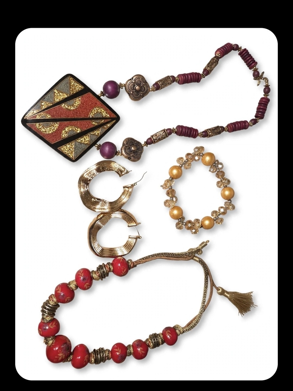 Boho Jewelry Lot 4pc | Purple Art DeHandcrafted Red and Gold Beaded Necklace Set